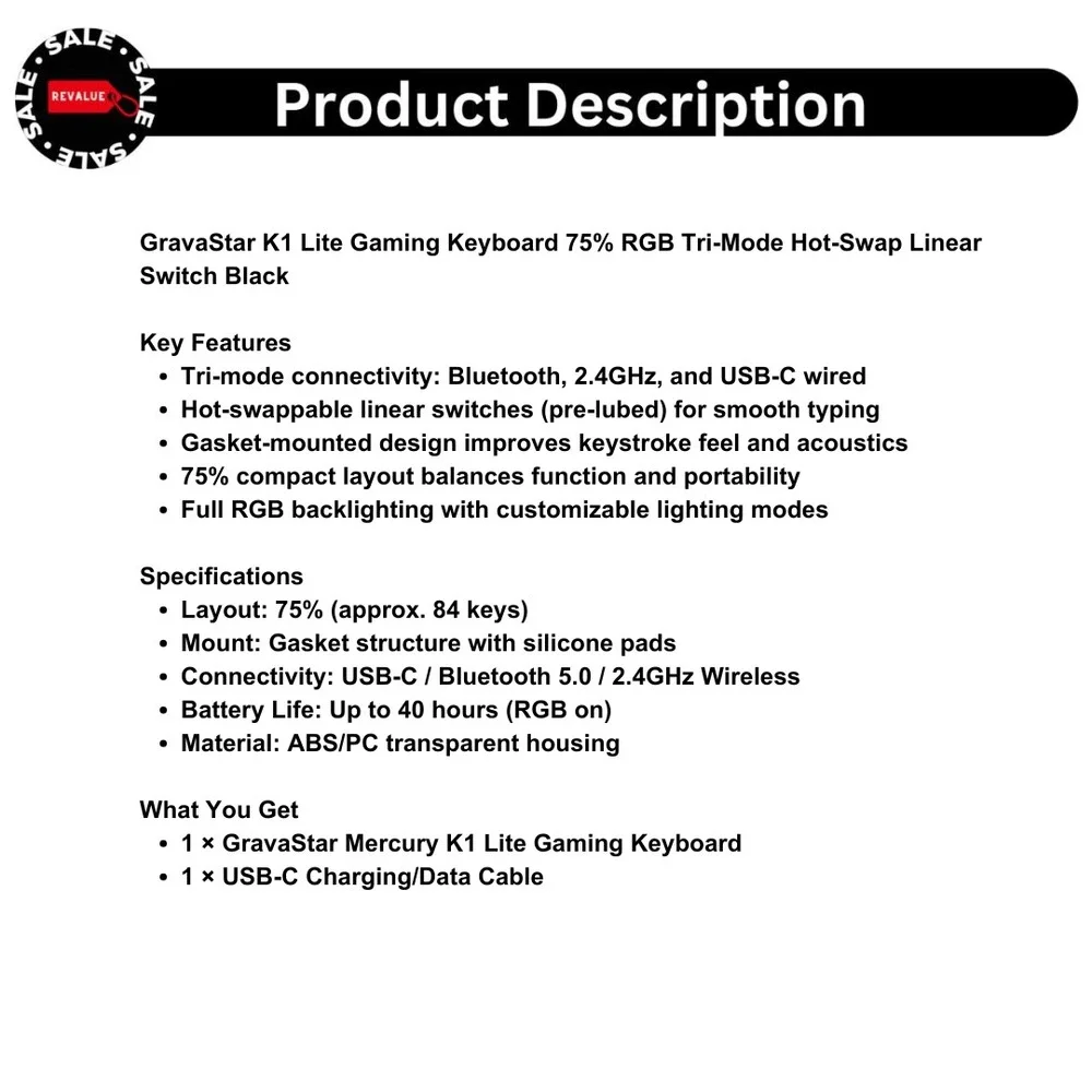 GravaStar K1 Lite Gaming Keyboard 75% RGB Tri-Mode‎ Hot-Swap Linear Switch Black